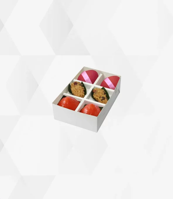 Singapore baby full month gift box with ang ku kueh, ang yee, glutinous rice and red egg